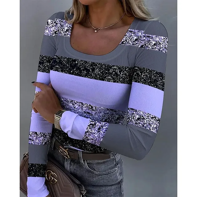 Women’s T shirt Tee Color Block Daily Weekend Yellow Pink Blue Print Long Sleeve Fashion U Neck Slim Spring & Fall c2553933a535a4b6adfa2c06ffef964d