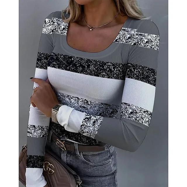 Women’s T shirt Tee Color Block Daily Weekend Yellow Pink Blue Print Long Sleeve Fashion U Neck Slim Spring & Fall ff797b8f16a52cb5c3fff7af72adc51f