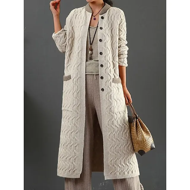 Women's Cardigan Sweater Stand Collar Cable Knit Polyester Button Pocket Fall Winter Long Outdoor Daily Going out Vintage Style Casual Soft Long Sleeve Solid Color Black Beige Coffee One-Size