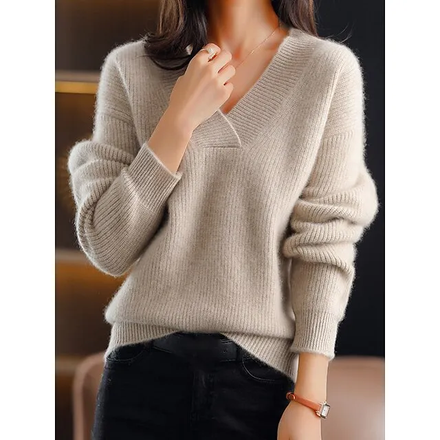 Women’s Pullover Sweater Jumper V Neck Ribbed Knit Polyester Oversized Fall Winter Regular Outdoor Daily Going out Stylish Casual Soft Long Sleeve Solid Color Navy Blue Blue Camel S M L 0e59d3f510b2da041f912d9479731fe9
