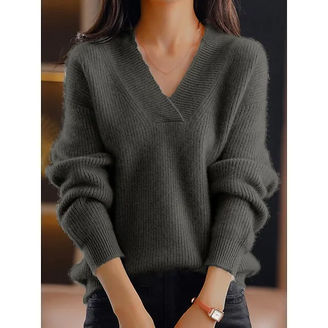 Women’s Pullover Sweater Jumper V Neck Ribbed Knit Polyester Oversized Fall Winter Regular Outdoor Daily Going out Stylish Casual Soft Long Sleeve Solid Color Navy Blue Blue Camel S M L 4400c5c7ebfa28950d900b147260df80