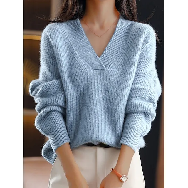 Women’s Pullover Sweater Jumper V Neck Ribbed Knit Polyester Oversized Fall Winter Regular Outdoor Daily Going out Stylish Casual Soft Long Sleeve Solid Color Navy Blue Blue Camel S M L 91ca2f8ab1168fda3a93572abbe438f5