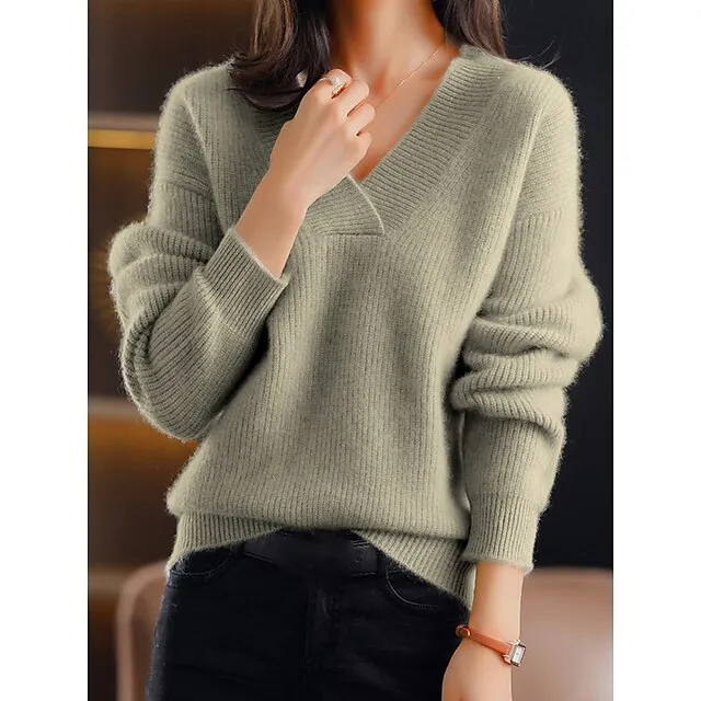Women’s Pullover Sweater Jumper V Neck Ribbed Knit Polyester Oversized Fall Winter Regular Outdoor Daily Going out Stylish Casual Soft Long Sleeve Solid Color Navy Blue Blue Camel S M L ecfc631f624b1172b488f2ab4d671406