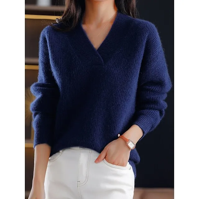 Women’s Pullover Sweater Jumper V Neck Ribbed Knit Polyester Oversized Fall Winter Regular Outdoor Daily Going out Stylish Casual Soft Long Sleeve Solid Color Navy Blue Blue Camel S M L ee6ec6354f9e0ddb0cd93057a32affce