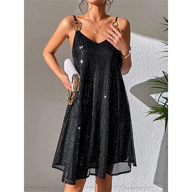 Women‘s Black Sequin Dress Party Dress Sparkly Dress Little Black Dress Sexy Dress Black Mini Dress Sleeveless Fall Winter Spaghetti Strap Fashion Guest Black Cocktail Dress 0c2972cbb0cec10bd5cf089ebe21c605