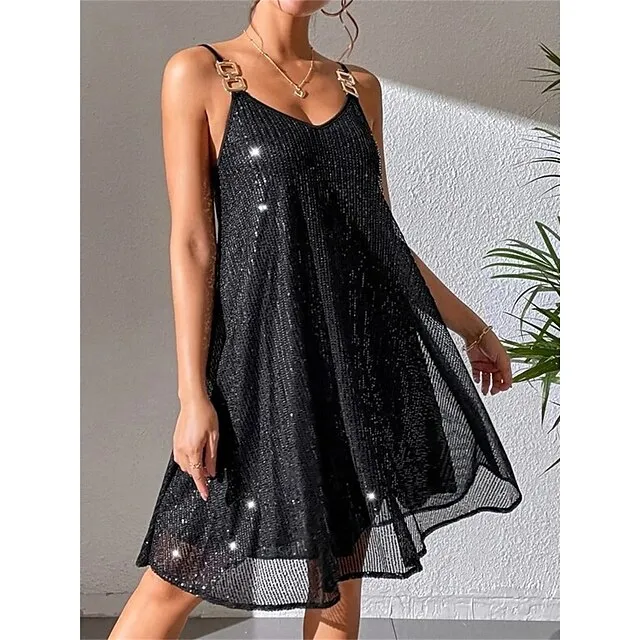 Women‘s Black Sequin Dress Party Dress Sparkly Dress Little Black Dress Sexy Dress Black Mini Dress Sleeveless Fall Winter Spaghetti Strap Fashion Guest Black Cocktail Dress 769025f6f753a2b9e2ca896f969fd3ba