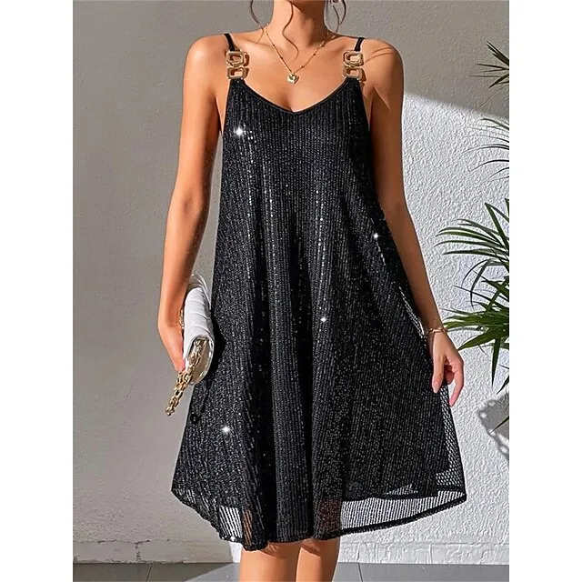 Women‘s Black Sequin Dress Party Dress Sparkly Dress Little Black Dress Sexy Dress Black Mini Dress Sleeveless Fall Winter Spaghetti Strap Fashion Guest Black Cocktail Dress d08bfdf1d21806ef9eff67b43f1eea99