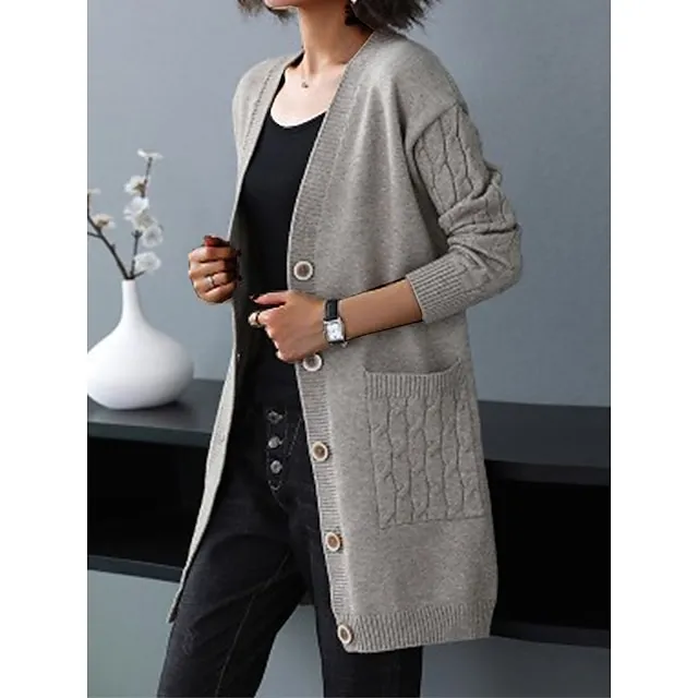 Women’s Cardigan Sweater V Neck Cable Knit Knit Spandex Yarns Button Pocket Fall Winter Long Outdoor Daily Going out Stylish Casual Soft Long Sleeve Solid Color Black Red Blue S M L 244c1af6849da27b39f81bffb1a060d0