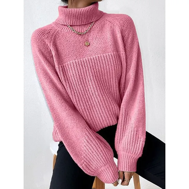 Women’s Pullover Sweater Jumper Turtleneck Cable Waffle Knit Polyester Braided Fall Winter Long Party Going out Weekend Stylish Casual Soft Long Sleeve Solid Color Pink Gray S M L 9a85553f974269e8ed21e81492239147