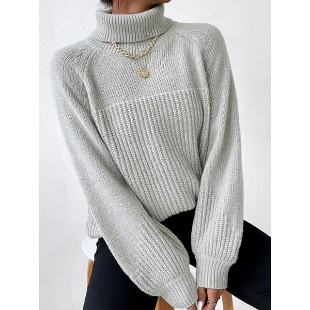 Women's Pullover Sweater Jumper Turtleneck Cable Waffle Knit Polyester Braided Fall Winter Long Party Going out Weekend Stylish Casual Soft Long Sleeve Solid Color Pink Gray S M L