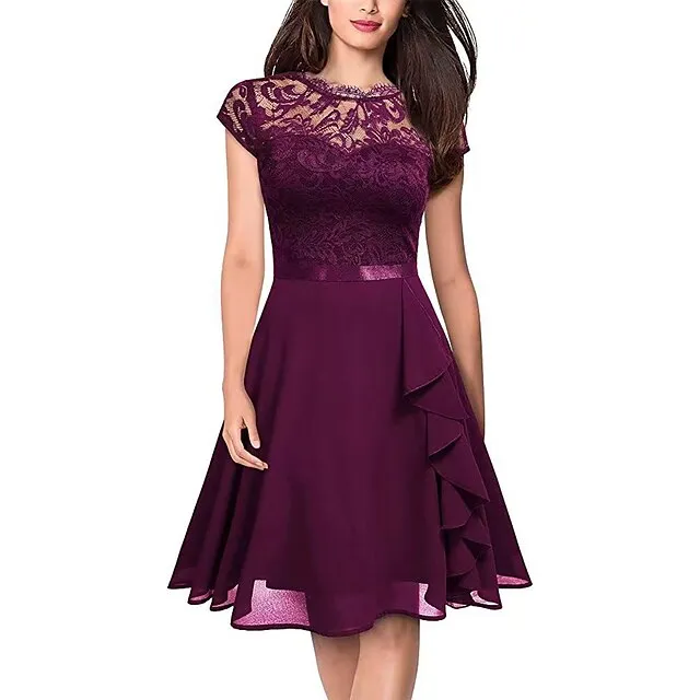 Women’s Party Dress Black Dress Lace Dress Wedding Guest Dress Midi Dress Pink Wine Short Sleeve Pure Color Lace Spring Fall Winter Crew Neck Fashion Winter Dress S M L XL 1e268e64b0566c05aec6ebcd5f613ff3