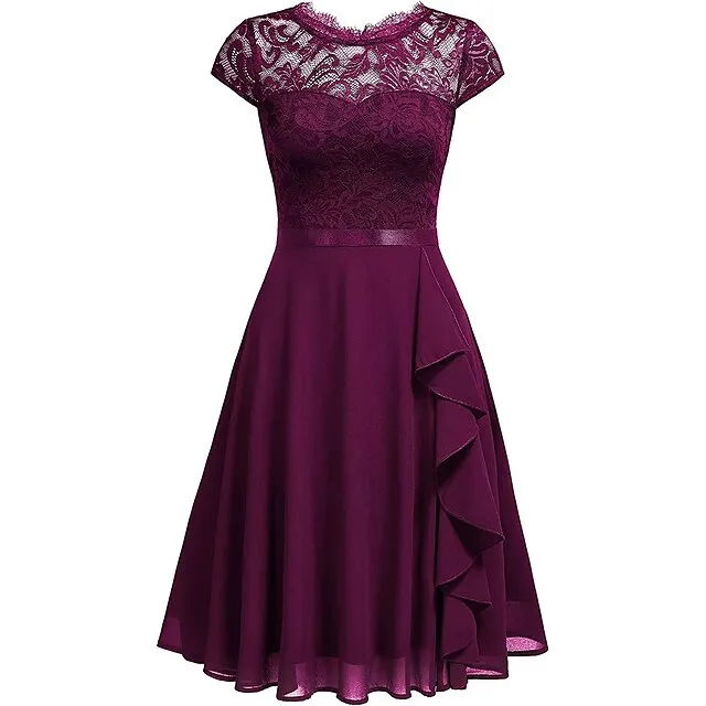 Women’s Party Dress Black Dress Lace Dress Wedding Guest Dress Midi Dress Pink Wine Short Sleeve Pure Color Lace Spring Fall Winter Crew Neck Fashion Winter Dress S M L XL 284dcfbba9cfe228f56c401776d05921