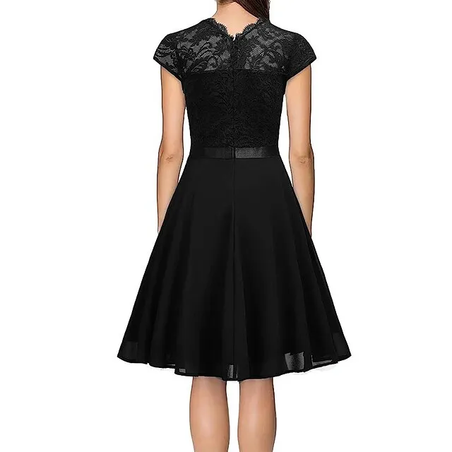 Women’s Party Dress Black Dress Lace Dress Wedding Guest Dress Midi Dress Pink Wine Short Sleeve Pure Color Lace Spring Fall Winter Crew Neck Fashion Winter Dress S M L XL 288cfc2ed8adee7c5b51b3ff390ac0b6