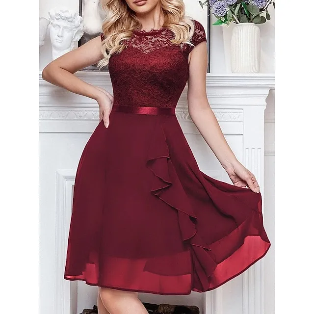 Women’s Party Dress Black Dress Lace Dress Wedding Guest Dress Midi Dress Pink Wine Short Sleeve Pure Color Lace Spring Fall Winter Crew Neck Fashion Winter Dress S M L XL 40330e10c8e1cf494483586d752d5f53