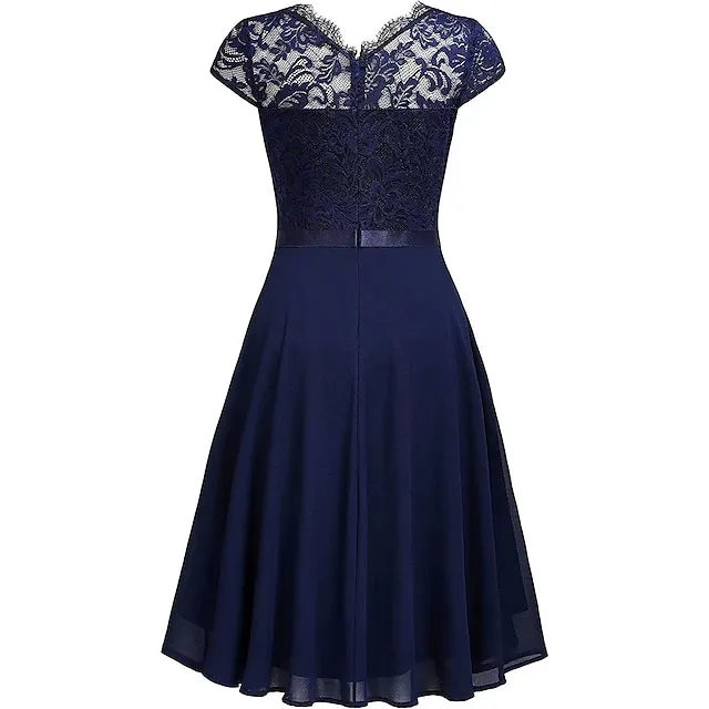 Women’s Party Dress Black Dress Lace Dress Wedding Guest Dress Midi Dress Pink Wine Short Sleeve Pure Color Lace Spring Fall Winter Crew Neck Fashion Winter Dress S M L XL 556a0baf958ebd338545b24fbe26bfb8