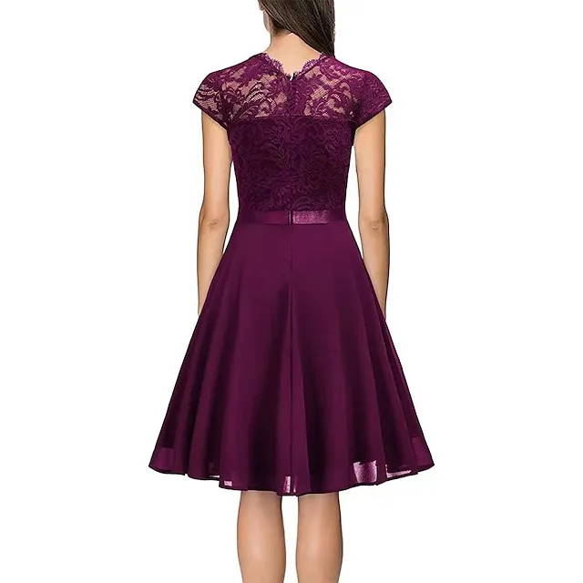 Women’s Party Dress Black Dress Lace Dress Wedding Guest Dress Midi Dress Pink Wine Short Sleeve Pure Color Lace Spring Fall Winter Crew Neck Fashion Winter Dress S M L XL 5ef288578372e14bb80c43a19dc07804