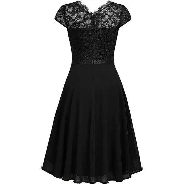 Women’s Party Dress Black Dress Lace Dress Wedding Guest Dress Midi Dress Pink Wine Short Sleeve Pure Color Lace Spring Fall Winter Crew Neck Fashion Winter Dress S M L XL 644070729636bc8667d3c98a13fcdc37