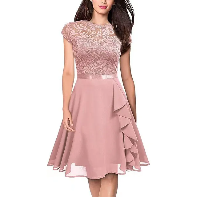 Women’s Party Dress Black Dress Lace Dress Wedding Guest Dress Midi Dress Pink Wine Short Sleeve Pure Color Lace Spring Fall Winter Crew Neck Fashion Winter Dress S M L XL 847b0bee3f90b2820ac93f304c17fc34