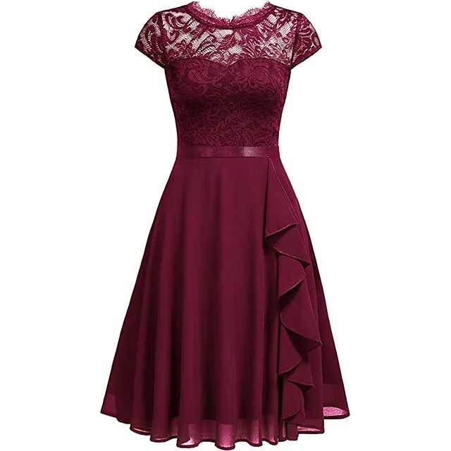 Women’s Party Dress Black Dress Lace Dress Wedding Guest Dress Midi Dress Pink Wine Short Sleeve Pure Color Lace Spring Fall Winter Crew Neck Fashion Winter Dress S M L XL 9424d995a6e71f6863a7dc3ab4c641b1