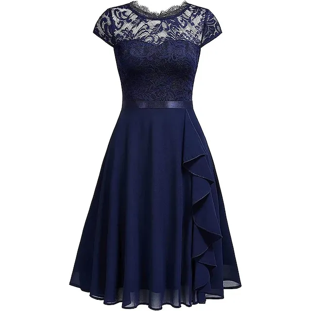 Women’s Party Dress Black Dress Lace Dress Wedding Guest Dress Midi Dress Pink Wine Short Sleeve Pure Color Lace Spring Fall Winter Crew Neck Fashion Winter Dress S M L XL 996e1afe26b33bfb6953f09b798ca72d