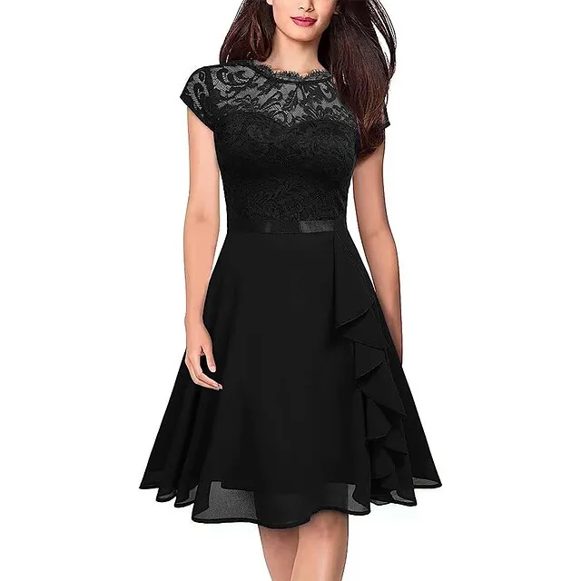 Women’s Party Dress Black Dress Lace Dress Wedding Guest Dress Midi Dress Pink Wine Short Sleeve Pure Color Lace Spring Fall Winter Crew Neck Fashion Winter Dress S M L XL b3b82535e578775d0e4f44887666ddd9