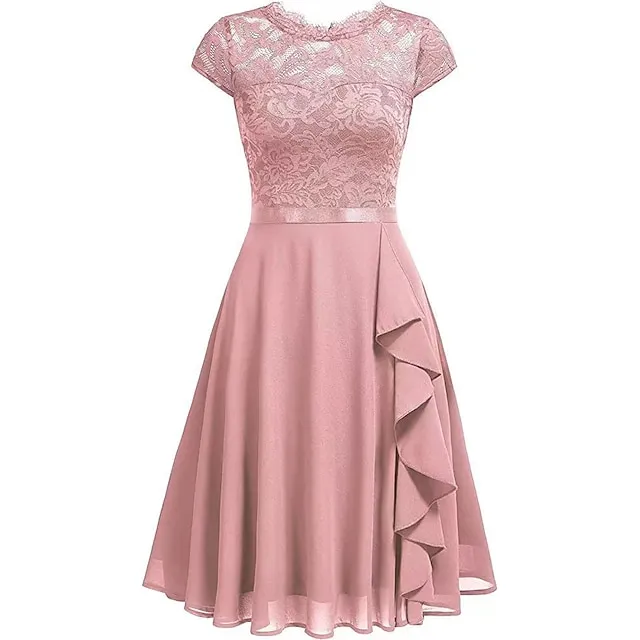 Women’s Party Dress Black Dress Lace Dress Wedding Guest Dress Midi Dress Pink Wine Short Sleeve Pure Color Lace Spring Fall Winter Crew Neck Fashion Winter Dress S M L XL d7c9d5c935b71a950102476352698bb9