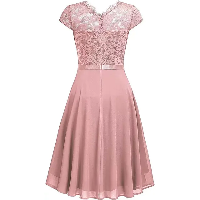 Women's Party Dress Black Dress Lace Dress Wedding Guest Dress Midi Dress Pink Wine Short Sleeve Pure Color Lace Spring Fall Winter Crew Neck Fashion Winter Dress S M L XL