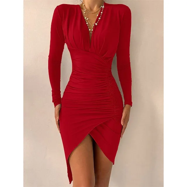 Women's Party Dress Black Dress Cocktail Dress Wedding Guest Dress Midi Dress Yellow Red Long Sleeve Pure Color Ruched Fall Winter Autumn V Neck Fashion S M L XL XXL