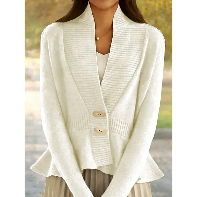 Women’s Cardigan Sweater Jacket V Neck Ribbed Knit Acrylic Ruffle Button Knitted Fall Winter Short Outdoor Daily Going out Stylish Casual Soft Long Sleeve Solid Color Black White Green S M L a8a72eae3d0744f77ebcc46c690e4505