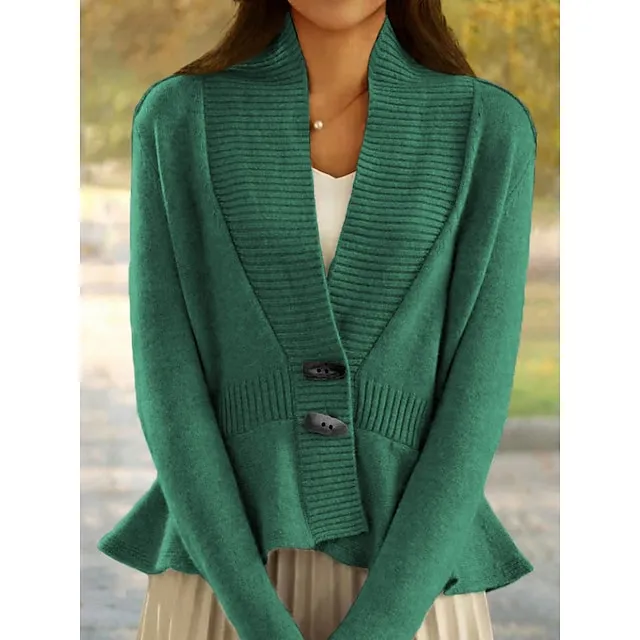 Women’s Cardigan Sweater Jacket V Neck Ribbed Knit Acrylic Ruffle Button Knitted Fall Winter Short Outdoor Daily Going out Stylish Casual Soft Long Sleeve Solid Color Black White Green S M L e16e70938a8fc22b6d4ba5bebb6b5a3a