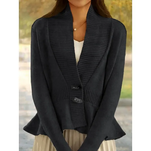 Women’s Cardigan Sweater Jacket V Neck Ribbed Knit Acrylic Ruffle Button Knitted Fall Winter Short Outdoor Daily Going out Stylish Casual Soft Long Sleeve Solid Color Black White Green S M L f2d229ad450b5ef3a6bb444e96e478e4