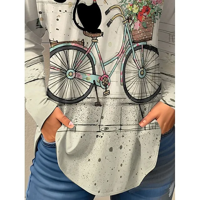 Women’s T shirt Tee Cat Daily Weekend White Print Lace Long Sleeve Fashion Square Neck Regular Fit Spring & Fall 337de71ed2d821442a42be517611d2bd