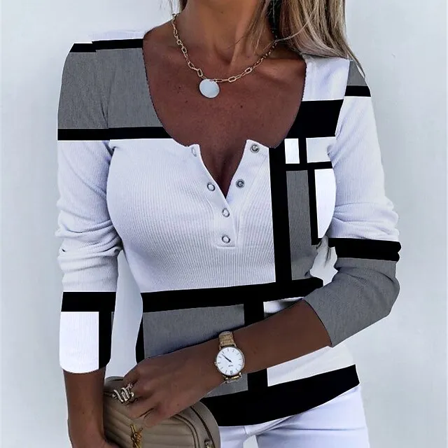 Women’s T shirt Tee Plaid Daily Weekend Yellow Pink Blue Print Button Long Sleeve Fashion U Neck Regular Fit Spring & Fall 0ed9ea08325ecd4529750471dafb3bf5