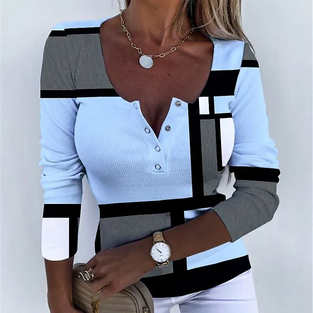 Women’s T shirt Tee Plaid Daily Weekend Yellow Pink Blue Print Button Long Sleeve Fashion U Neck Regular Fit Spring & Fall 28c0adfe810a4e5dc19abe3824b4e484