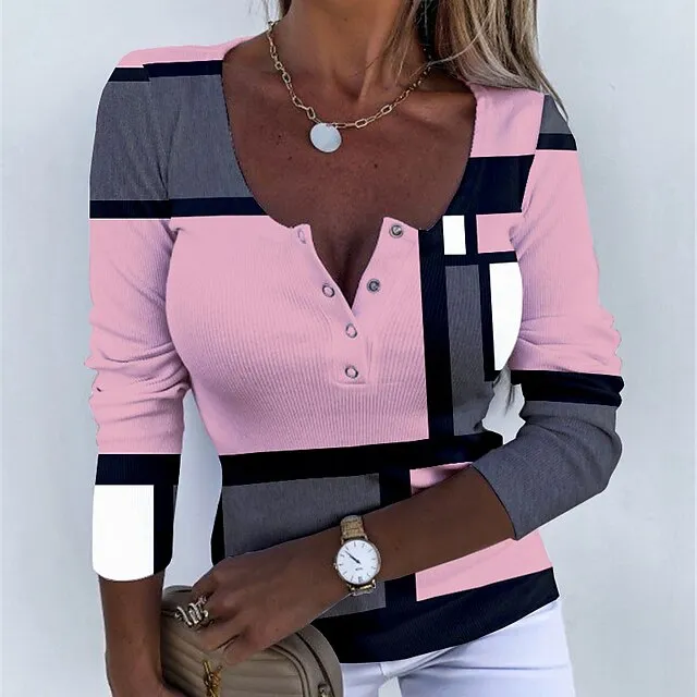 Women's T shirt Tee Plaid Daily Weekend Yellow Pink Blue Print Button Long Sleeve Fashion U Neck Regular Fit Spring & Fall