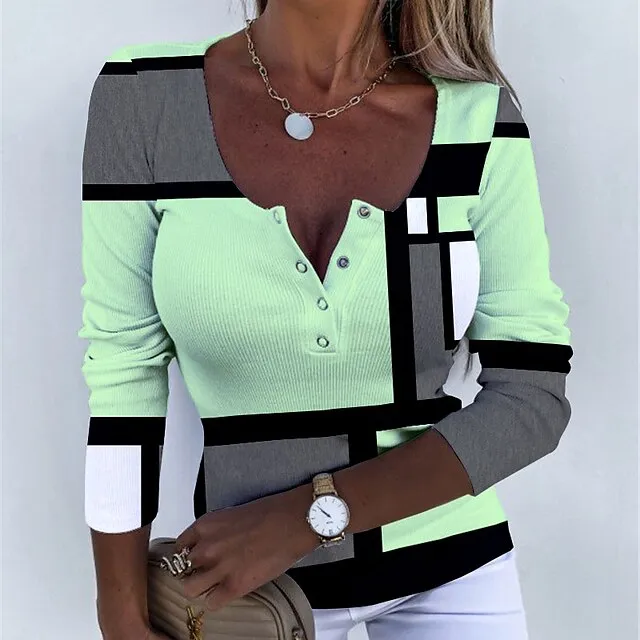 Women’s T shirt Tee Plaid Daily Weekend Yellow Pink Blue Print Button Long Sleeve Fashion U Neck Regular Fit Spring & Fall c8713843beb95489121392fe0ce1f59f