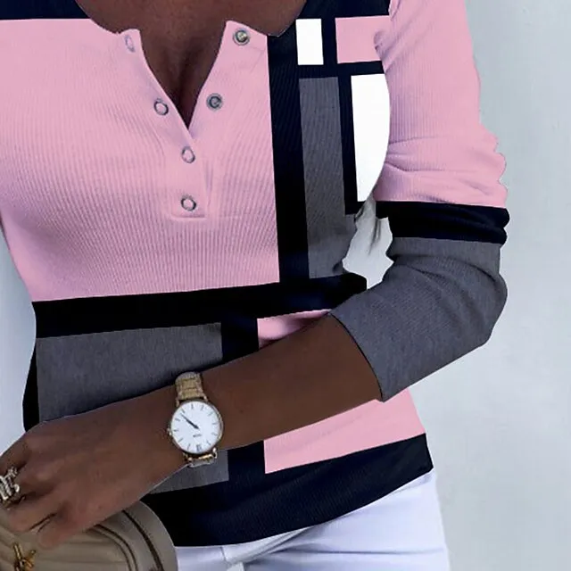 Women’s T shirt Tee Plaid Daily Weekend Yellow Pink Blue Print Button Long Sleeve Fashion U Neck Regular Fit Spring & Fall cfe60e50b36067174b991b977dd74a89