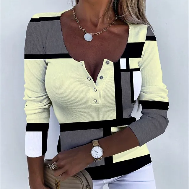 Women’s T shirt Tee Plaid Daily Weekend Yellow Pink Blue Print Button Long Sleeve Fashion U Neck Regular Fit Spring & Fall d79c2b873e3ea75101a25b19796403c9