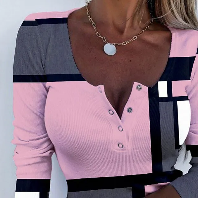 Women’s T shirt Tee Plaid Daily Weekend Yellow Pink Blue Print Button Long Sleeve Fashion U Neck Regular Fit Spring & Fall e795ee8dc3e3b996e8c920ee713c13b9