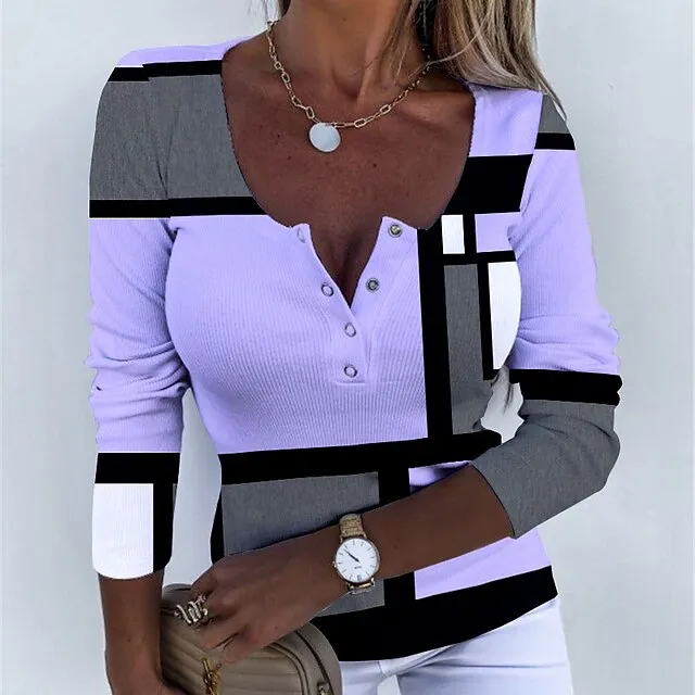 Women’s T shirt Tee Plaid Daily Weekend Yellow Pink Blue Print Button Long Sleeve Fashion U Neck Regular Fit Spring & Fall eb85bce1b66c7d52875087e376f109da