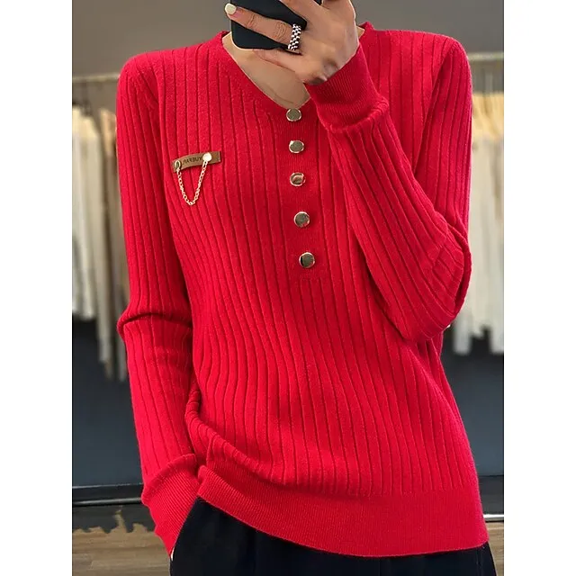 Women's Pullover Sweater Jumper V Neck Ribbed Knit Polyester Button Fall Winter Regular Outdoor Daily Going out Stylish Casual Soft Long Sleeve Solid Color Black White Yellow S M L
