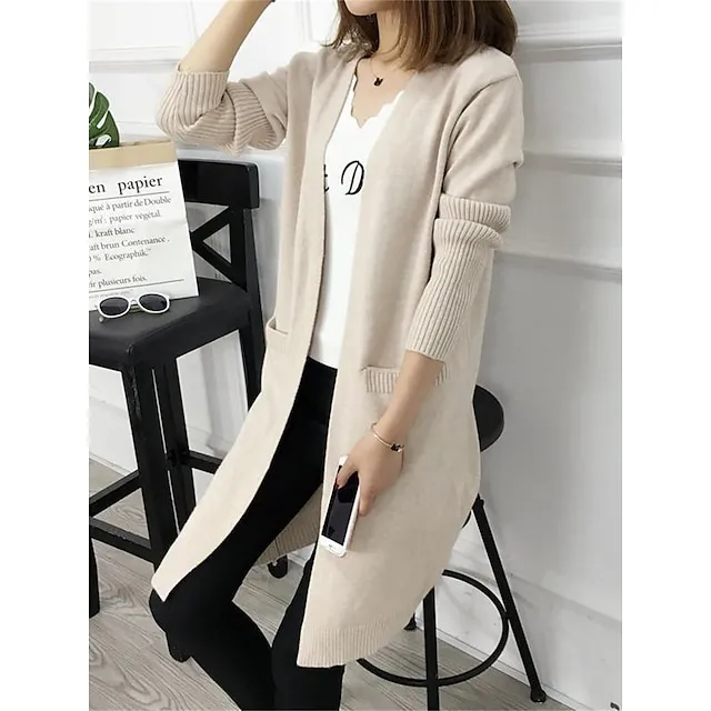 Women's Cardigan V Neck Ribbed Knit Core Spun Yarn Pocket Knitted Fall Winter Regular Outdoor Daily Going out Fashion Streetwear Casual Long Sleeve Solid Color Black Yellow Army Green One-Size