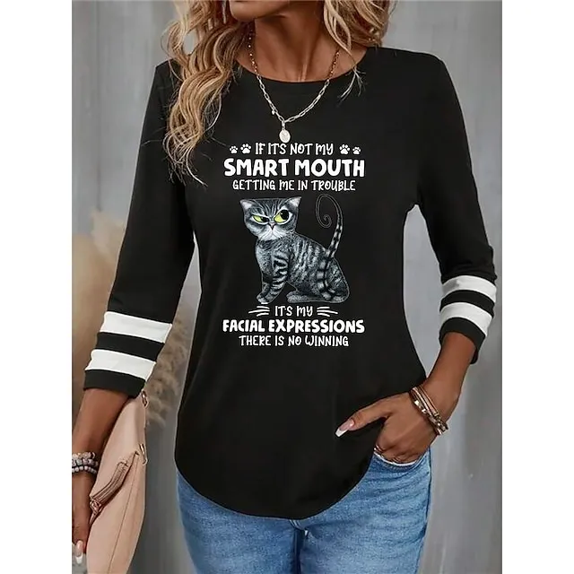 Women's T shirt Tee Cat Letter Daily Weekend Black Red Blue Print Long Sleeve Fashion Funny Round Neck Regular Fit Spring & Fall