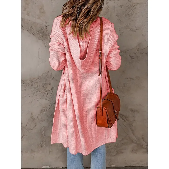 Women’s Long Cardigan Hooded Ribbed Knit Polyester Knitted Front Pocket Fall Winter Long Outdoor Daily Going out Stylish Casual Soft Long Sleeve Pure Color Black Pink Apricot S M L 8fa8e8c4344205026b0a62f44795258d