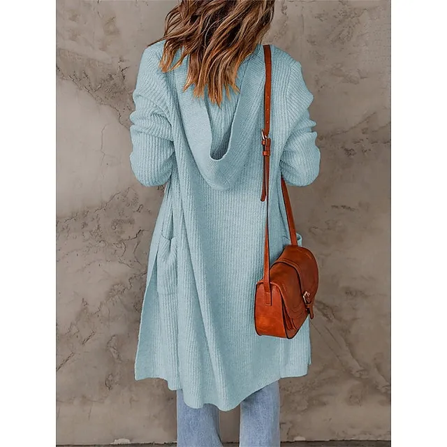 Women’s Long Cardigan Hooded Ribbed Knit Polyester Knitted Front Pocket Fall Winter Long Outdoor Daily Going out Stylish Casual Soft Long Sleeve Pure Color Black Pink Apricot S M L dbd0d84a6466de7acd741eff872d40db