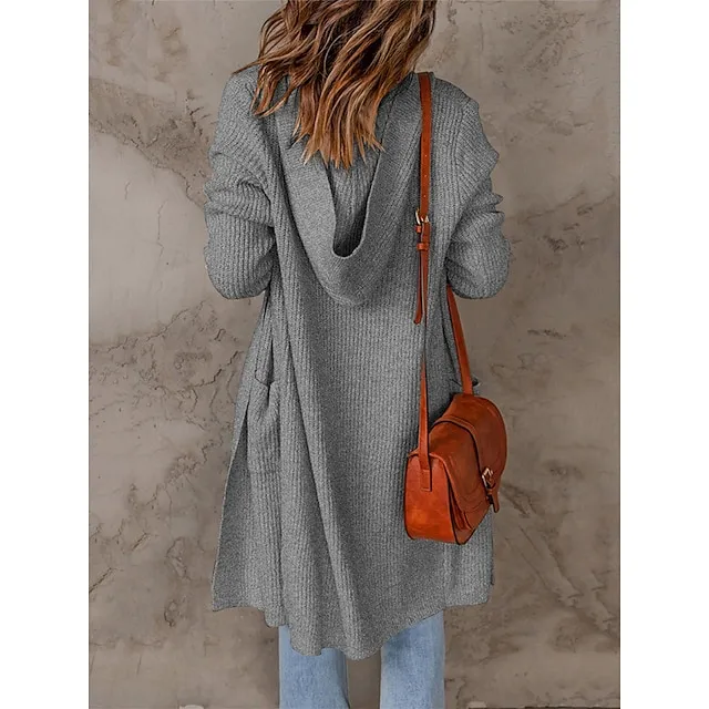 Women’s Long Cardigan Hooded Ribbed Knit Polyester Knitted Front Pocket Fall Winter Long Outdoor Daily Going out Stylish Casual Soft Long Sleeve Pure Color Black Pink Apricot S M L e21506baa1b4bd5720d9131a24957e31