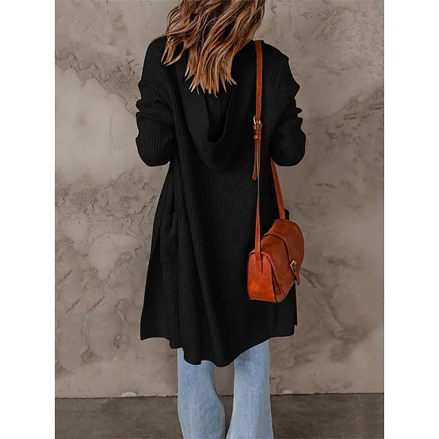 Women’s Long Cardigan Hooded Ribbed Knit Polyester Knitted Front Pocket Fall Winter Long Outdoor Daily Going out Stylish Casual Soft Long Sleeve Pure Color Black Pink Apricot S M L f01e0ac3201506a56668a96cdd67e638