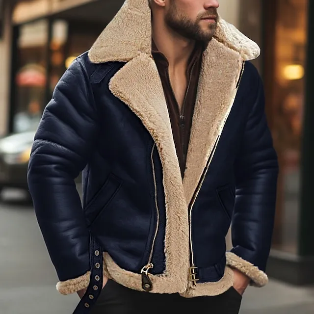 Men’s Winter Jacket Fleece Jacket Sherpa Jacket Outdoor Daily Wear Warm Fall Winter Plain Fashion Streetwear Lapel Regular Black Navy Blue Red & White Green Coffee Jacket 371f8ecbe7751d5005610515892df8f8