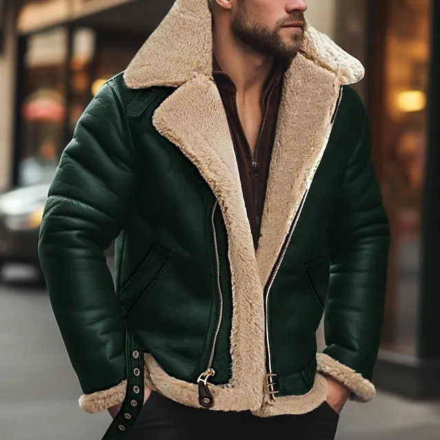Men’s Winter Jacket Fleece Jacket Sherpa Jacket Outdoor Daily Wear Warm Fall Winter Plain Fashion Streetwear Lapel Regular Black Navy Blue Red & White Green Coffee Jacket 9d994bc706976c5bde76809f1731bd18