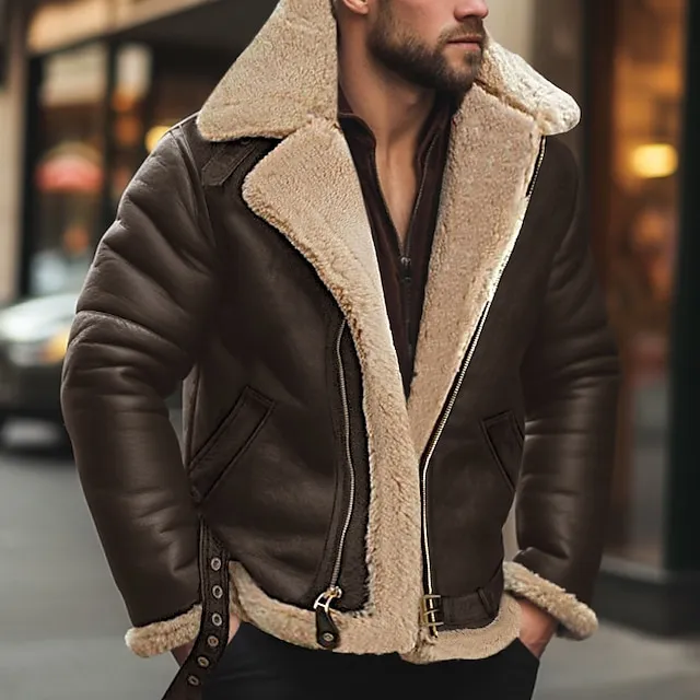 Men’s Winter Jacket Fleece Jacket Sherpa Jacket Outdoor Daily Wear Warm Fall Winter Plain Fashion Streetwear Lapel Regular Black Navy Blue Red & White Green Coffee Jacket aff655dfb347cfa244d8fd91d05664dd